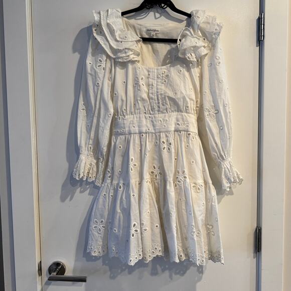 For Love & Lemons Serena Mini Dress White Eyelet Layered Ruffle Scalloped Sz L - Picture 5 of 10